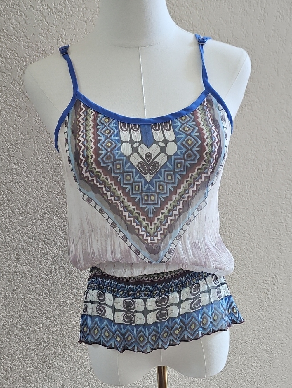 Da-Nang White Camisole with Blue Trim and Multicolor Geometric Print Silk 100 %